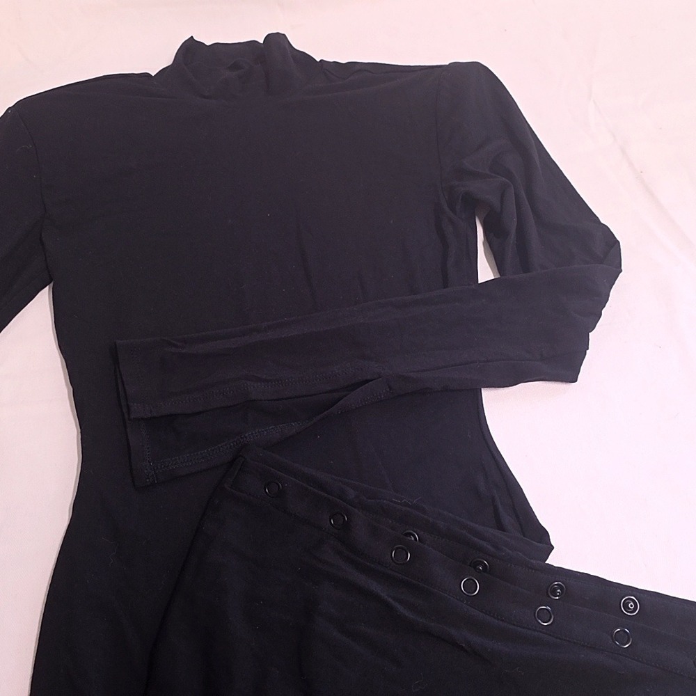 Good American Bodycon Dress Womens sz 0 Black Mock Neck Snap Side Slit Midi